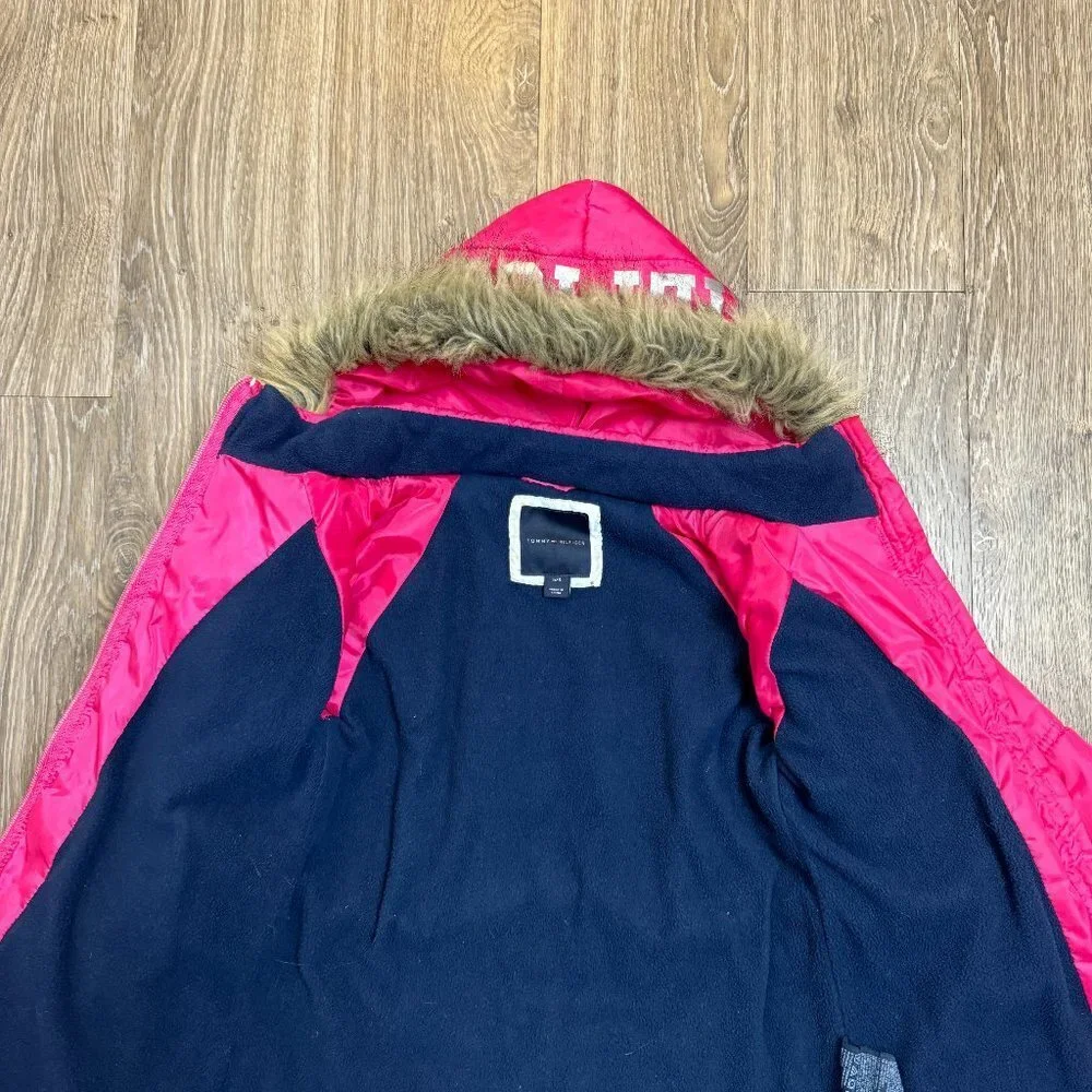 Tommy Hilfiger Pink Puffer Coat Jacket with Fur Hood Girls  5/6 Y